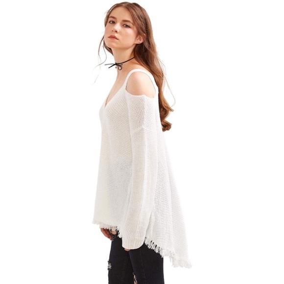 High Low Cold Shoulder Fringe Trim Waffle Knit Sweater Snow White - Picture 3 of 7